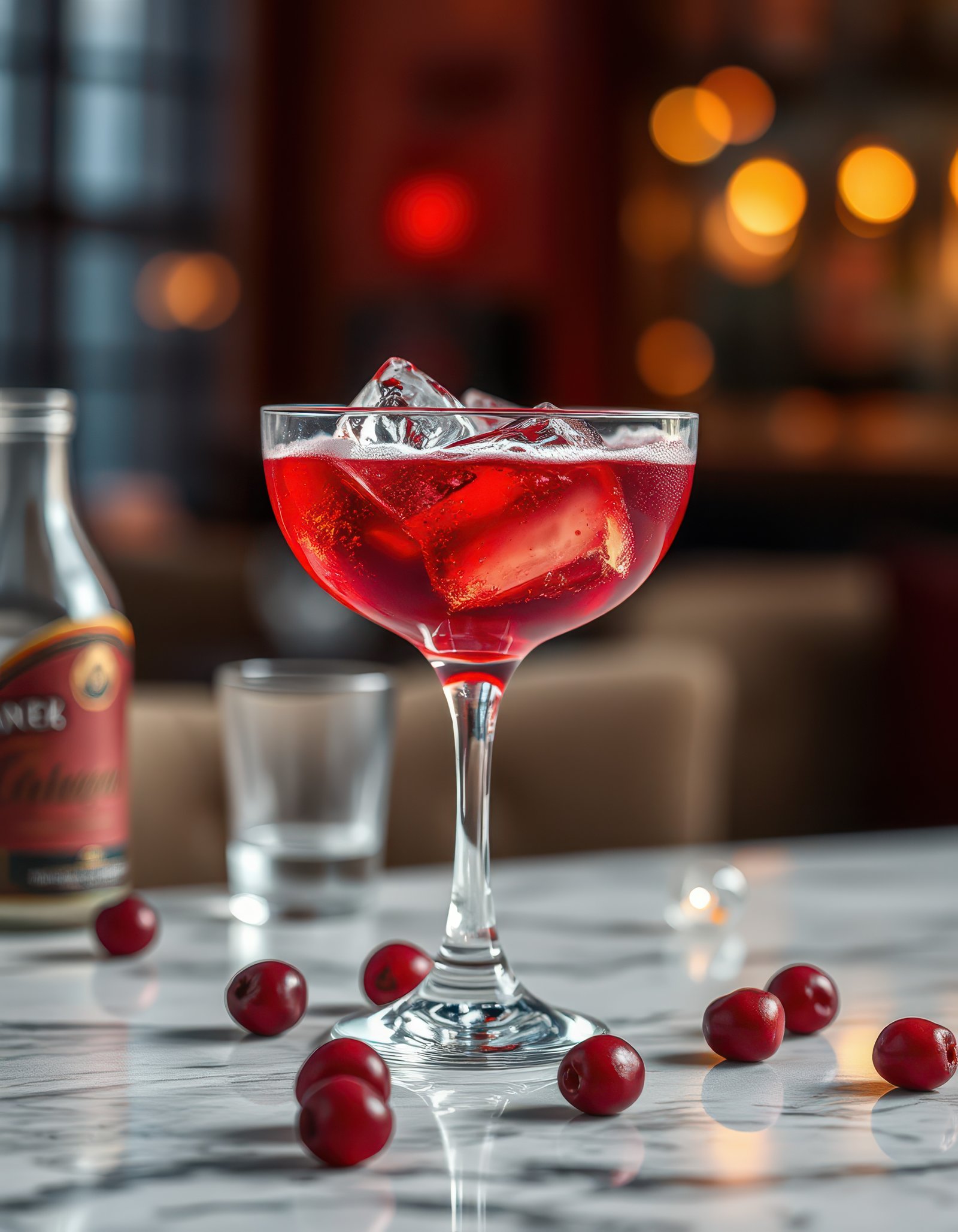 Refreshing cocktail served in elegant glass with ice and garnished cherries in a cozy bar setting
